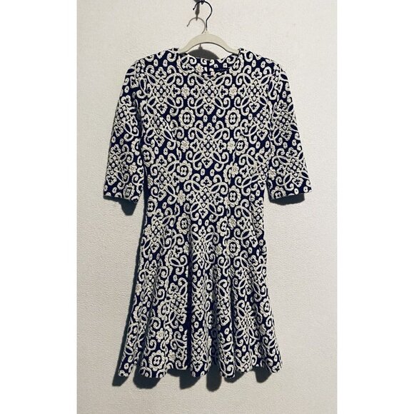 Zara Dress Womens Medium Floral Jacquard Skater Mini Half Sleeve Blue Knit - Picture 2 of 5
